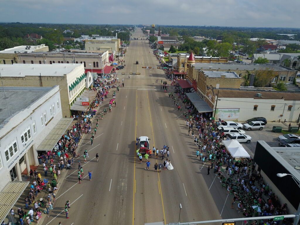Aerial view of a crowded street parade