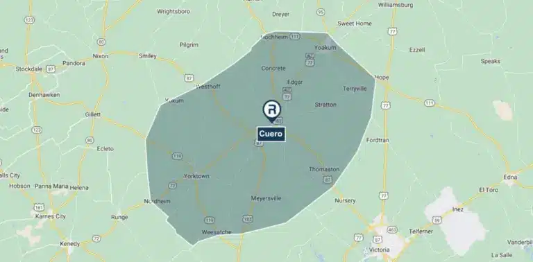 Map of Cuero, Texas and surrounding area
